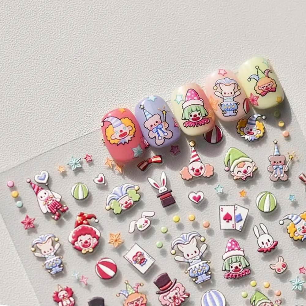 5D Embossed Relief Self Adhesive Nail Art Decoration Sticker Cartoon Joker Star Bunny Play Card Circus Clown Manicure Decal