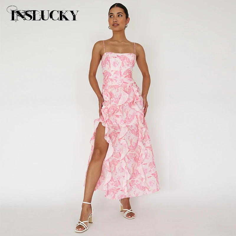 

InsLucky Flowers Print Serif Ruffle Trim Split Maxi Dresses For Women Folds Spaghetti Strap Backless Pink Sweet Party Dress 2024