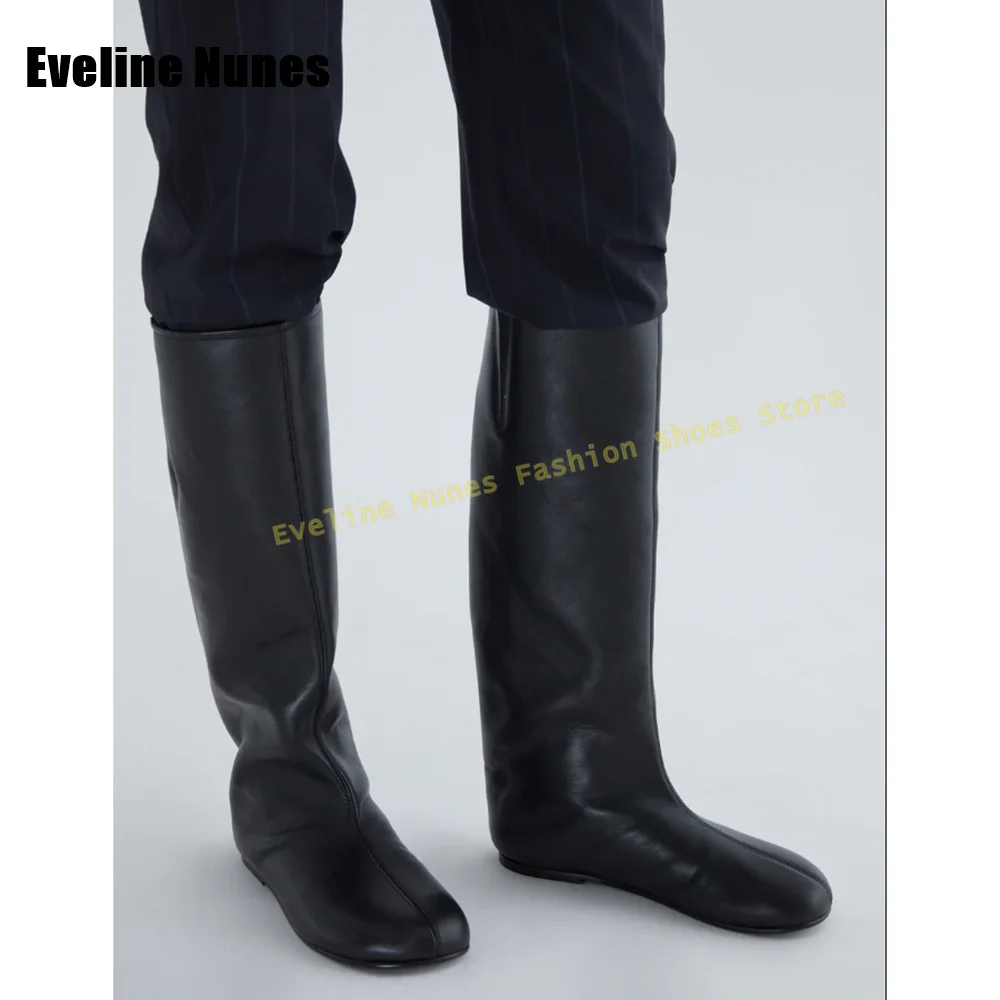 Black Round Toe Flat Knight Boots Solid Pull On Pleated Fashion Women Knee High Boots 2025 Street Style New Arrivals 35-45 Trend