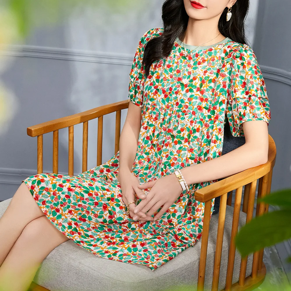 Birdtree 100%Mulberry Silk Cherry Print Dress 2023 Summer Thread Collar Colored Elegant Wide Pine Short Sleeve Dress D39128QC