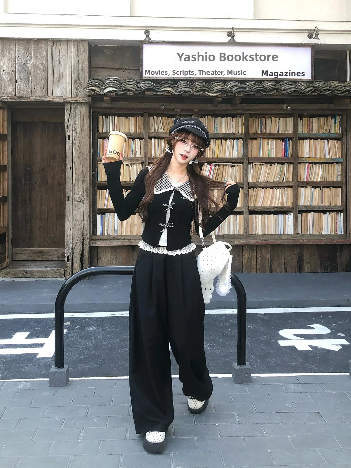 Princess Style Long Sleeve T-Shirt Patchwork Knitted Mesh Fabric Ballet Black Top High Waist Design for Young Women
