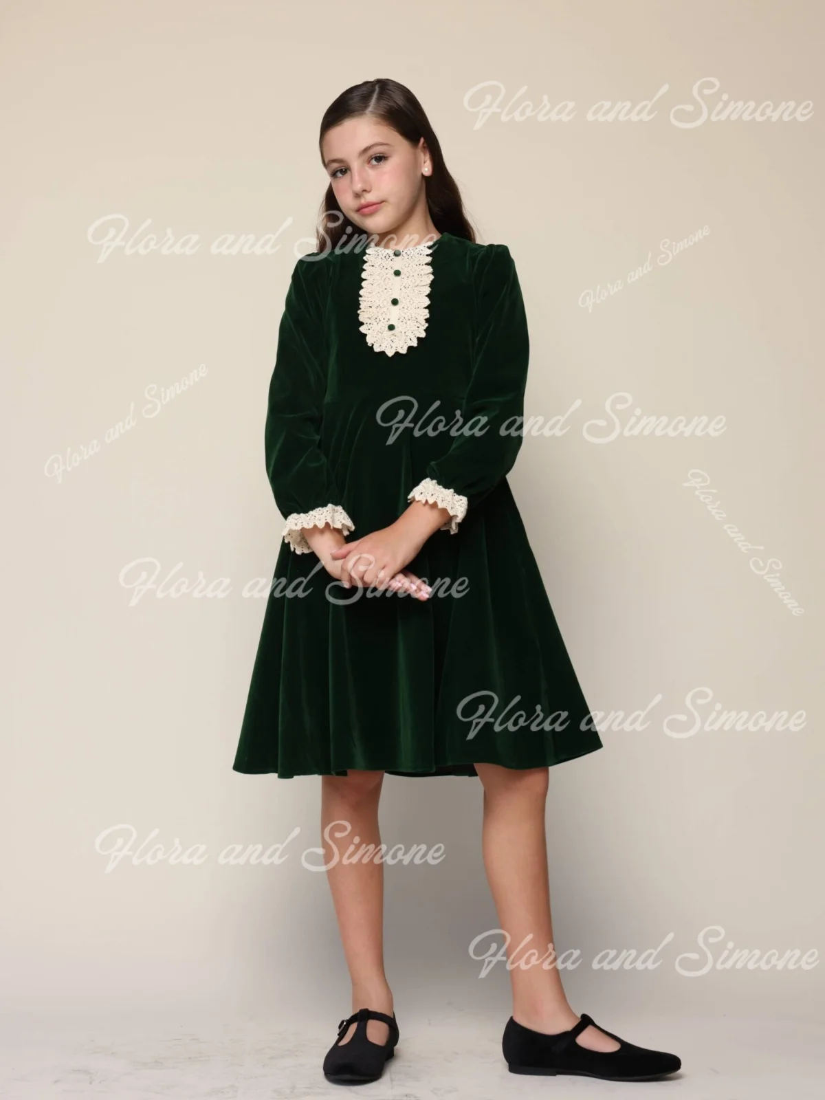 Knielanger Rock aus Samt mit langen Ärmeln und Spitzenbesatz, Blumenmädchenkleid für Hochzeitszeremonien, formelle Empfänge, Feiertage, individuell