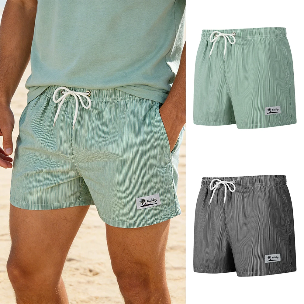 

Летние быстросохнущие мужские пляжные шорты в полоску с завязками и эластичным поясом, с логотипом пальмы и боковым карманом, для отпуска и пляжа