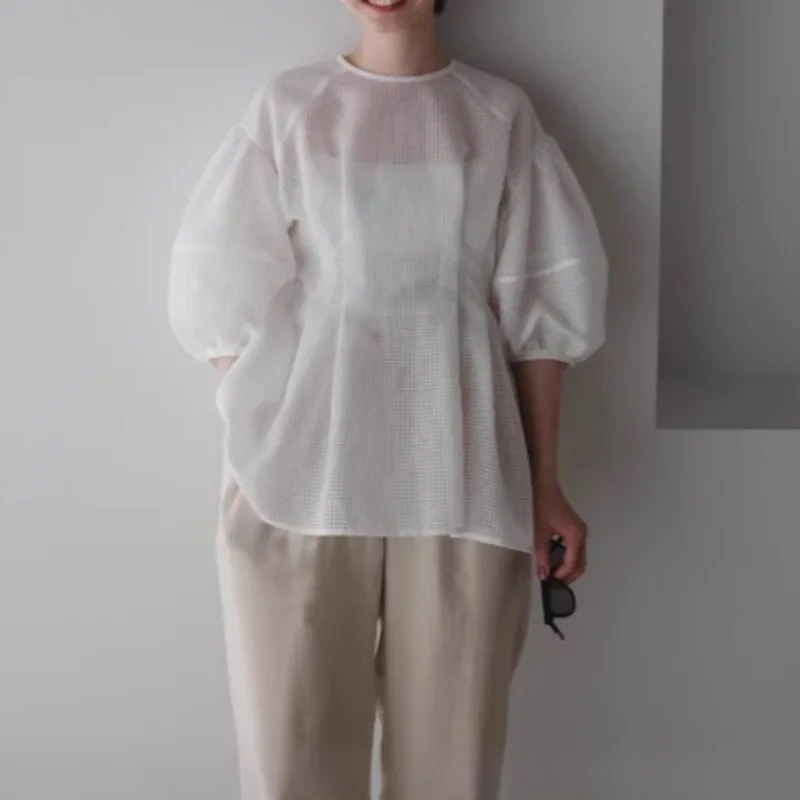 

OCEANLOVE Mesh Puff Sleeve Blouse Solid Thin Spring Summer Vintage Elegant Women Shirts Japanese Style Sweet Blusas Mujer