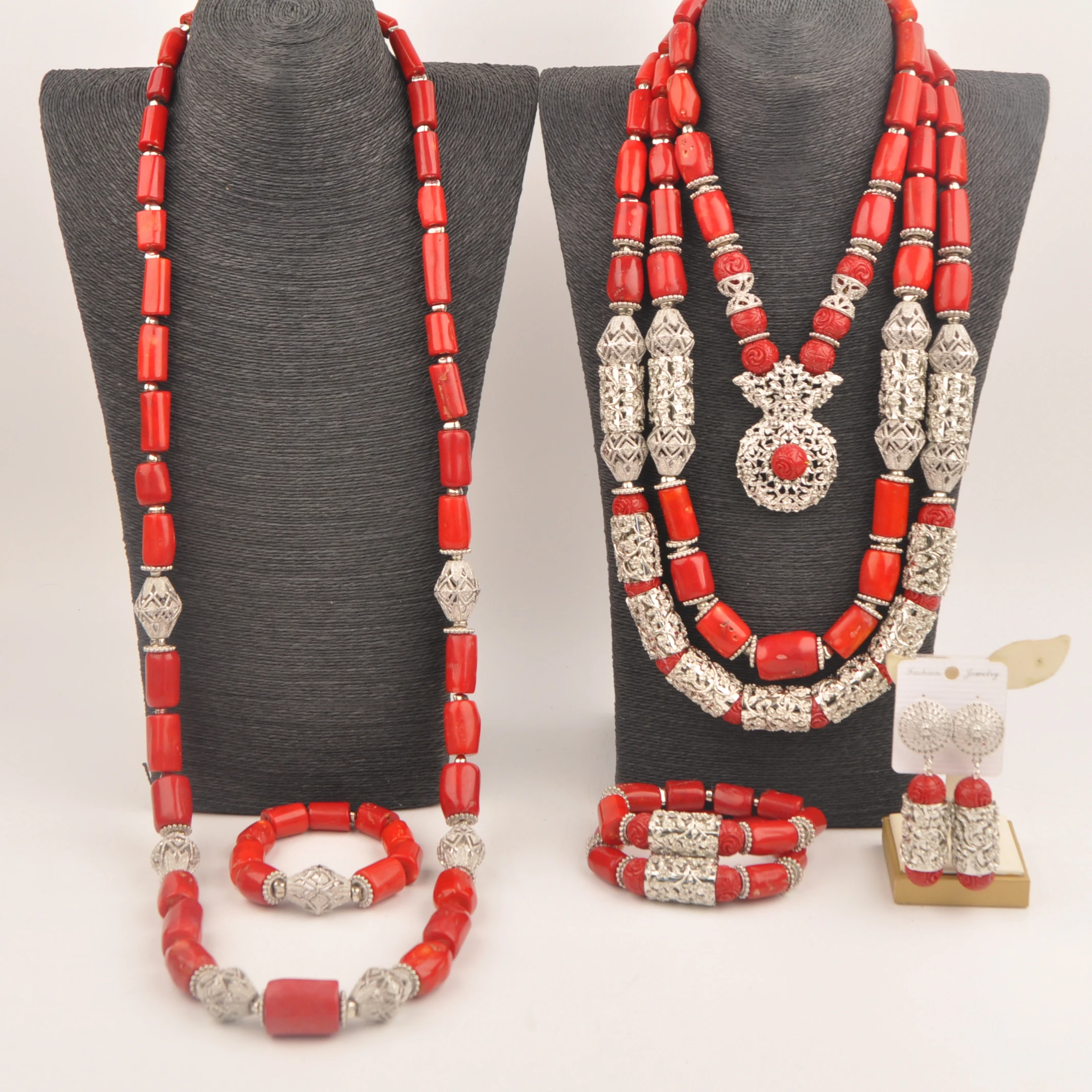 Nigerian Traditional Wedding Real Red Coral Beads African Jewelry Set