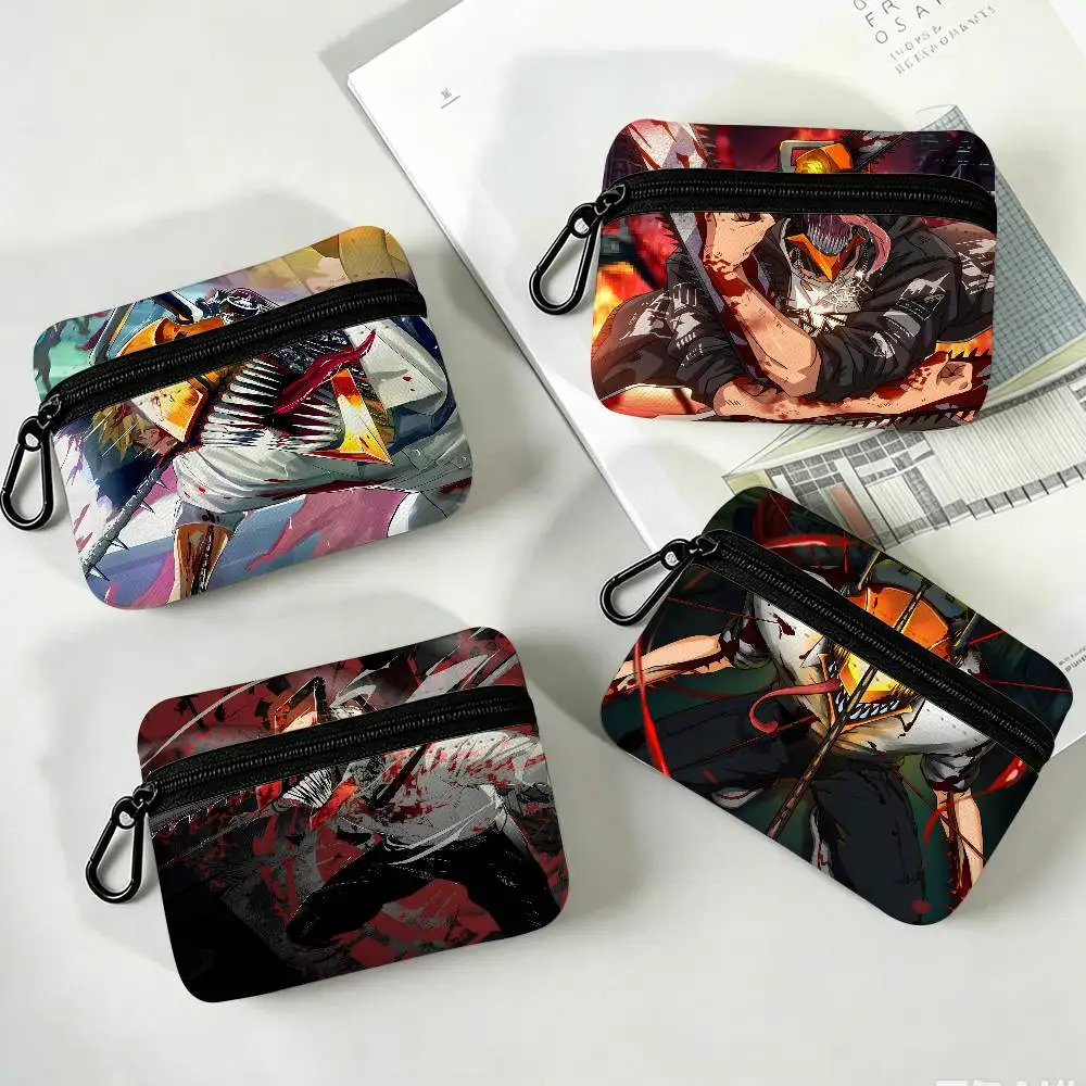 Japan C-Chainsaw Mans Anime Mini Hanging Oxford Cloth Coin Bag Durable Zipper Key Card Pouch With Carabiner