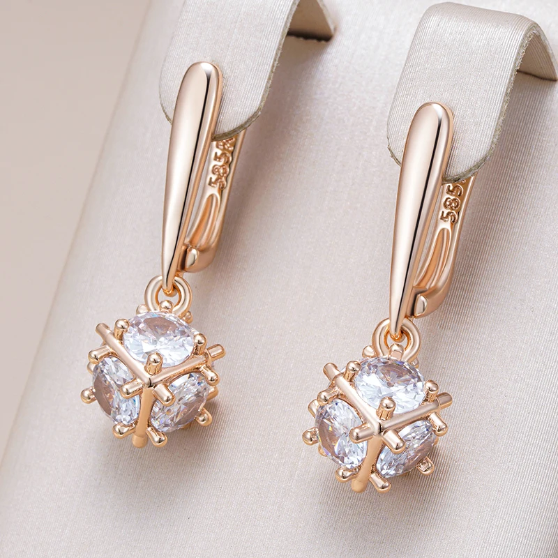 Kinel Einzigartige solide quadratische Tropfenohrringe für Damen, modisch, 585er Roségold, glänzend, natürlicher Zirkon, Zubehör, ethnischer Schmuck