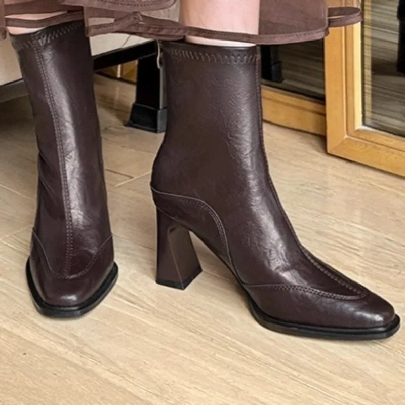 

Женские ботильоны с квадратным носком, толстой подошвой, рукавами, дизайн, верх из искусственной кожи, простой и универсальный, подходит для осенней повседневной одежды, ботильоны