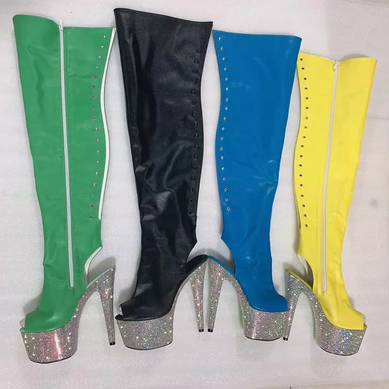 

LAIJIANJINXIA New 17cm Dress Party Sexy Fetish Stripper Women Pole Dance Shoes Models Show Nightclub Rhinestone Platform Boots