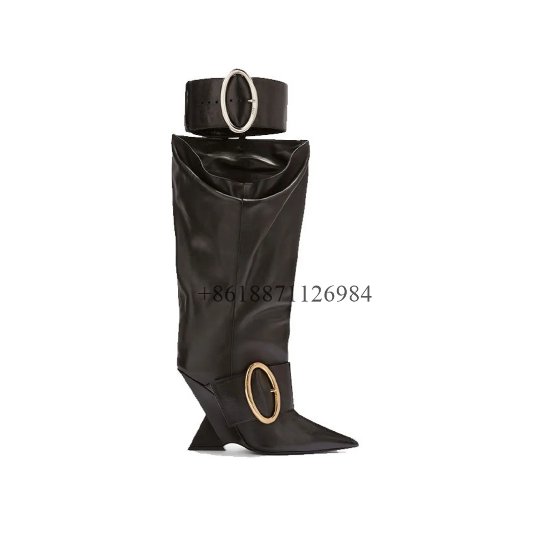 

Black Pointed Toe Knee-High Metal Belt Buckle Women Boots Strange Style Wedges High Heels Buckle Strap Design Large Size Shoes