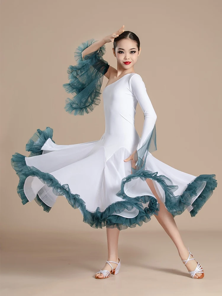 2024 Girls One-Sleeve Ballroom Dance Dresses Standard Dancing Performance Costume Children Waltz Tango Dance Dress