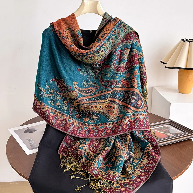 

Imperial-Style Cashew Print Long Scarf with Tassels and Fringe for Women, Chinese-Style Embroidered Scarf, Elegant Shawl