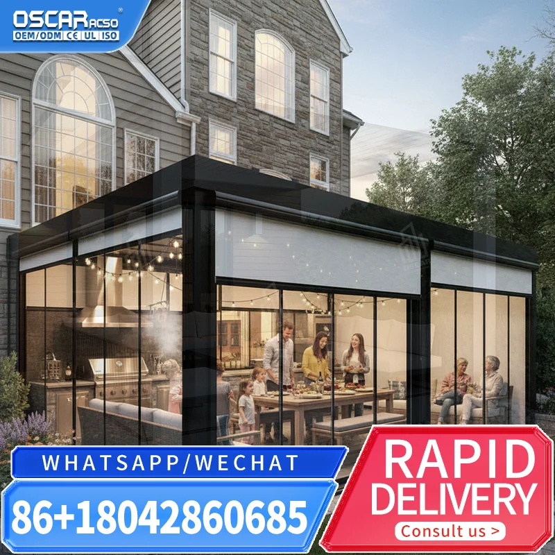 New Design Motorized Louvered Aluminum Pergola With Sliding Glass Roller Blinds Luxury Outdoor Patio Backyard pergola