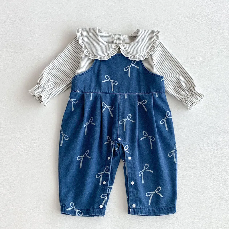 

2025 New Autumn Newborn Baby Girls Clothing Set Long Sleeved Cotton T-shirt Sleeveless Denim Jumpsuit 0-3Yrs Baby Clothes Suit