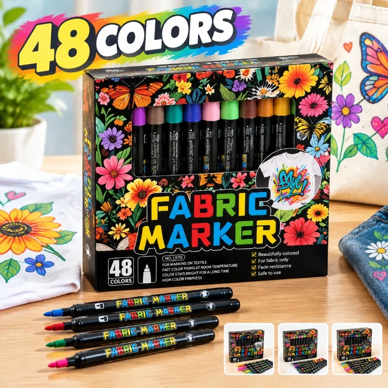 48 Shades Textile Marker Kit Wash Resistant Fabric Coloring Pens for Garment Hand-draw Canvas DIY Graffiti Artwork Craft