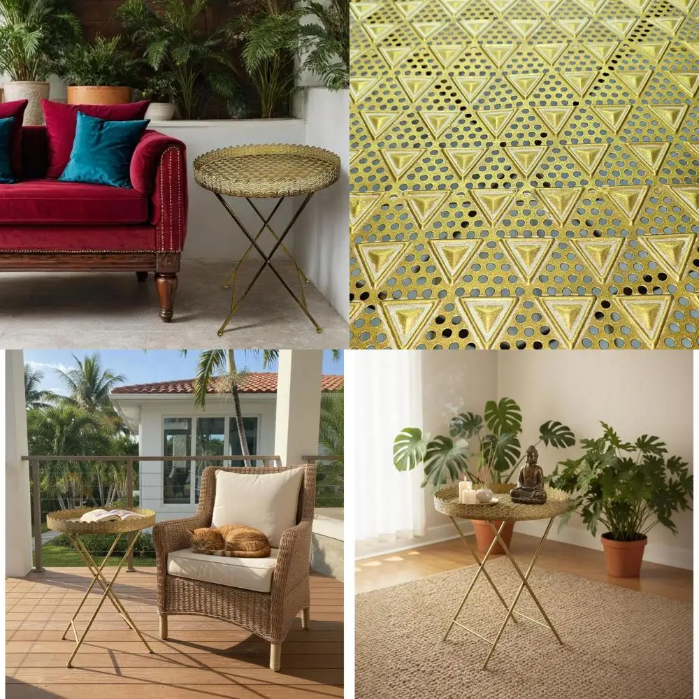 

Винтажный кованый металлический приставной столик в стиле бохо — круглый золотой журнальный или торцевой столик, марокканский и индийский стиль