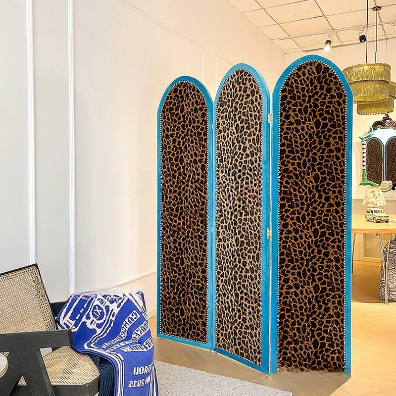 Retro leopard print screen folding screen living room decoration partition modern simple triple folding