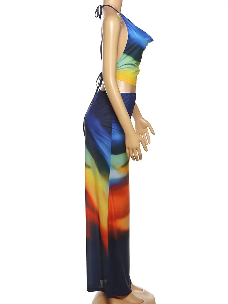 

Cutenew Holiday Gradient Women 2 Piece Sets Summer Contrast Colors Swinging Neck Tanks+Maxi Skirts Female Beach Party Outfits