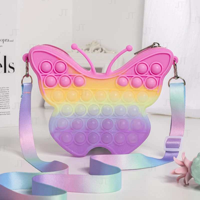 Butterfly Shoulder Bag with Rainbow Cloud Pop Itting Purse For Girls Sensory Fidget Toy Silicone Shoulder Bag Push