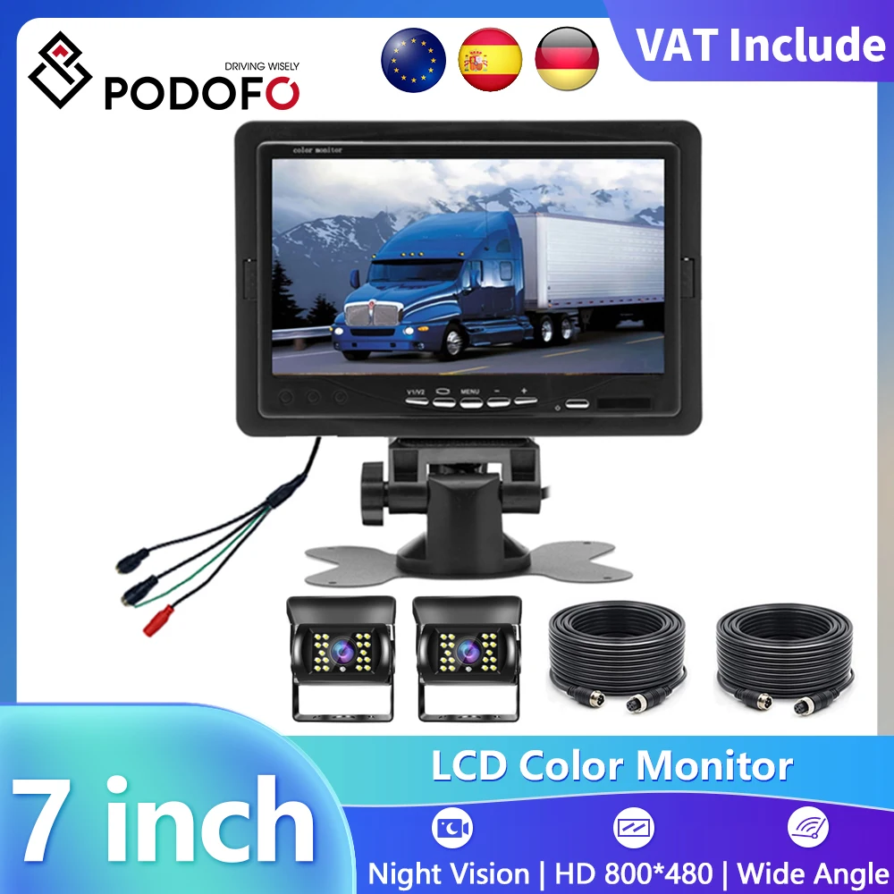Podofo 2 قطعة كاميرا الرؤية الخلفية 7 "سيارة احتياطية رصد الرؤية الخلفية عدة نظام ركن السيارة لشاحنة RV حافلة فان مع IP66 مقاوم للماء #1