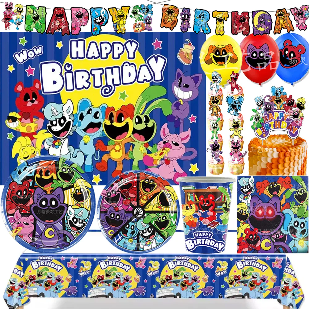 Suministros para fiesta de cumpleaños con tema de criaturas sonrientes, vajilla desechable de Anime azul, plato de globo, taza, fondo, servilleta, regalo para niños