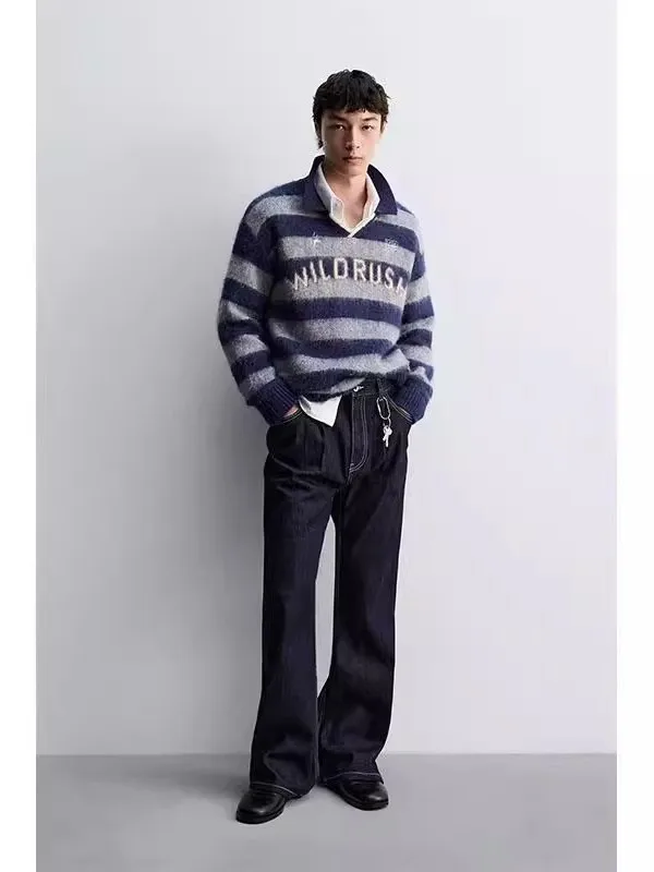 

Новый зимний мужской вязаный свитер свободного кроя с воротником, с эффектом потертости цвета, повседневный, с длинными рукавами, из смесового хлопка