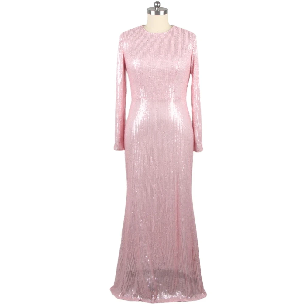 

Мусульманское вечернее платье с настоящими фотографиями по индивидуальному заказу, розовые блестки, скромный круглый вырез, длинные рукава, русалка длиной до пола, женские вечерние платья A1565