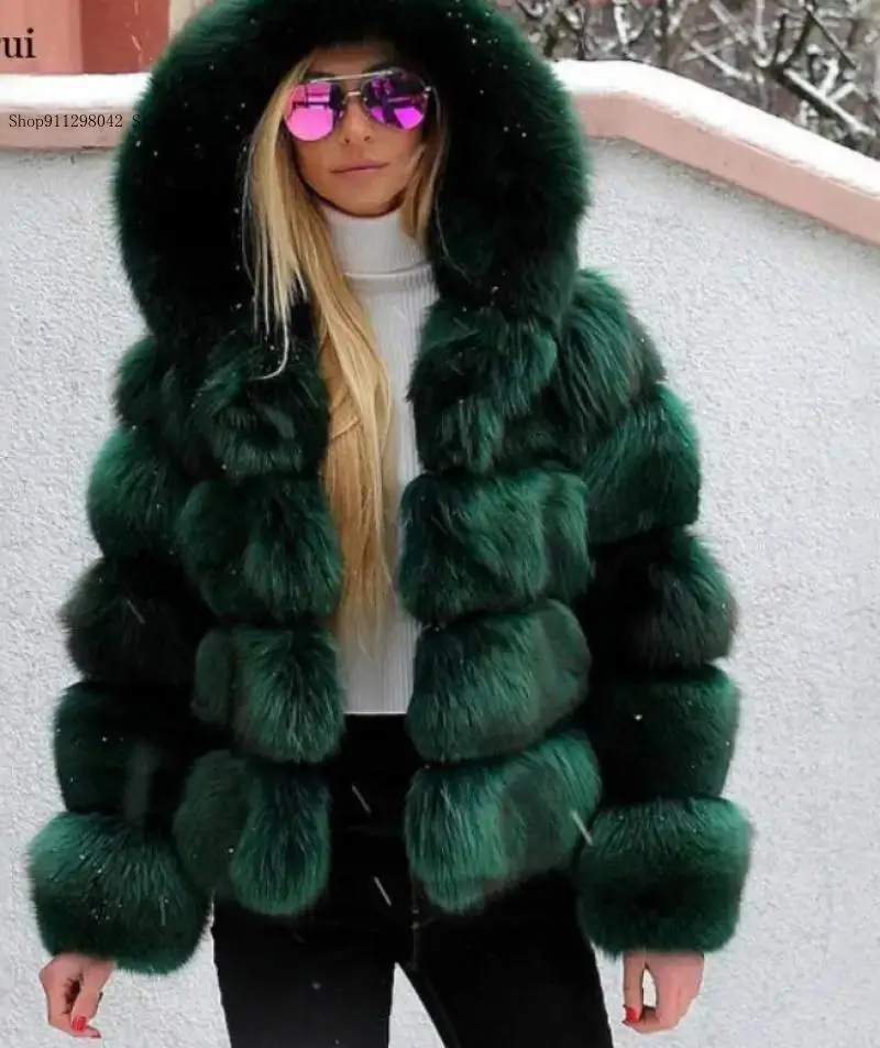 Autumn and Winter Spring Pure Color Luxury Women Faux Fox Fur Coat Hooded Warm Thicken Fur Short Jackets