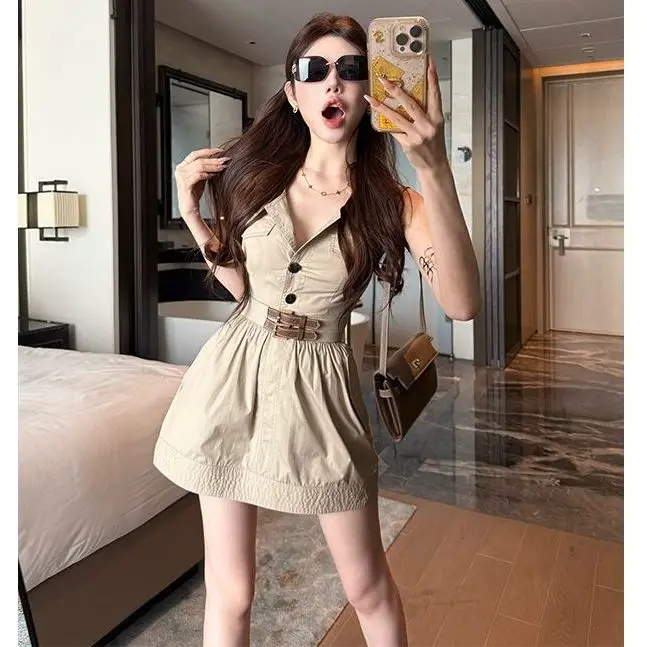 

Spice Girl Vintage Cargo Dress Women's Summer New French Waist Slim A-line Short Skirt