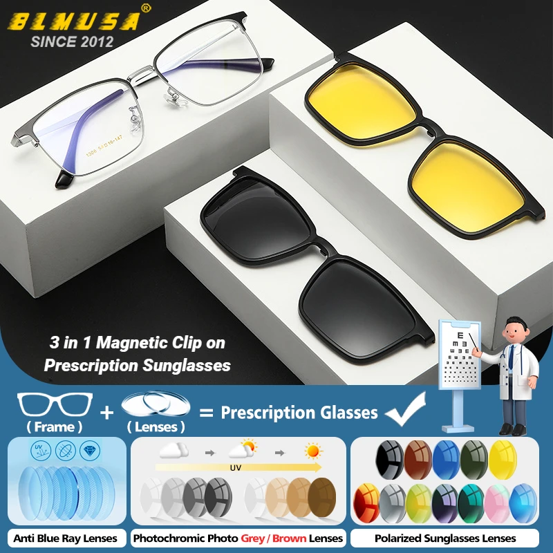 

BLMUSA Simple Square Magnetic Clip on Progressive Prescription Glasses Men Custom Polarized Sunglasses Anti-UV Myopia Eyeglasses