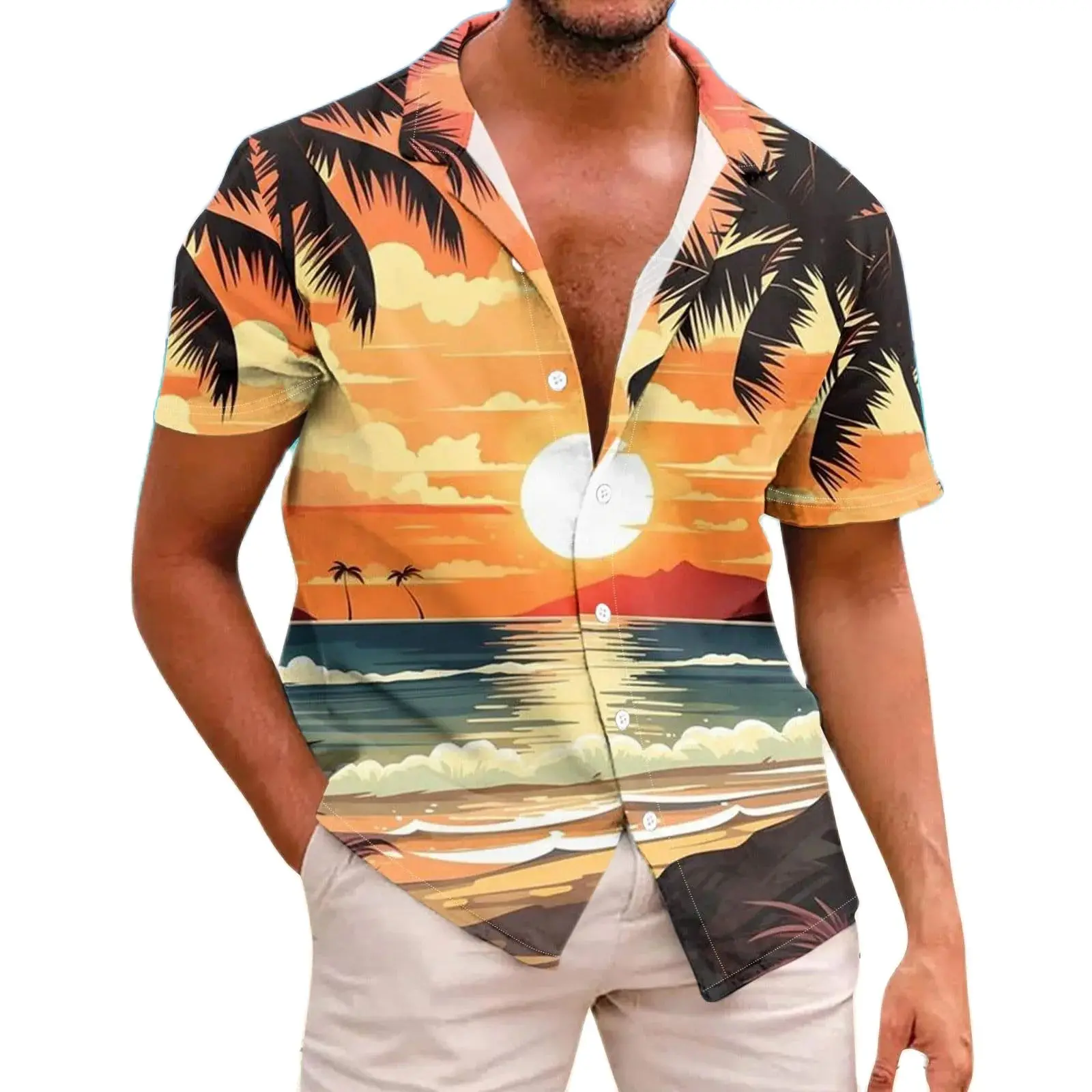 Coconut Tree Printed Men\'s Shirts Summer Loose Short Sleeve Lapel Hawaiian Beach Holiday Shirts Casual Button Down Shirts For Me