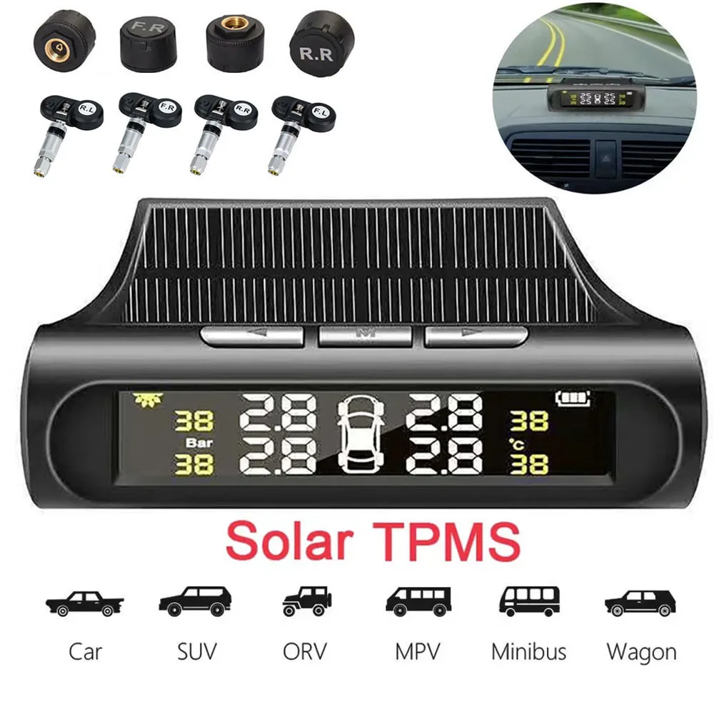 Solar Power TPMS Car Tire Tyre Air Pressure meter Gauge barometer Auto Security Alarm Monitor System Temperature Warning Sensors