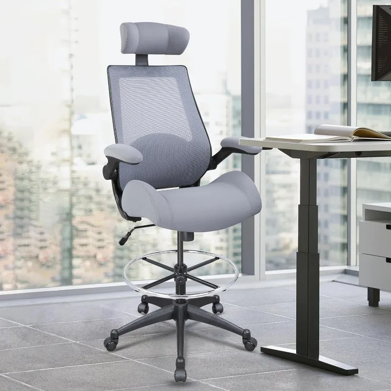 400lbs High-Back Mesh Ergonomic Drafting Chair,Adjustable Headrest,Lumbar Support Swivel Computer Task Chair-Grey