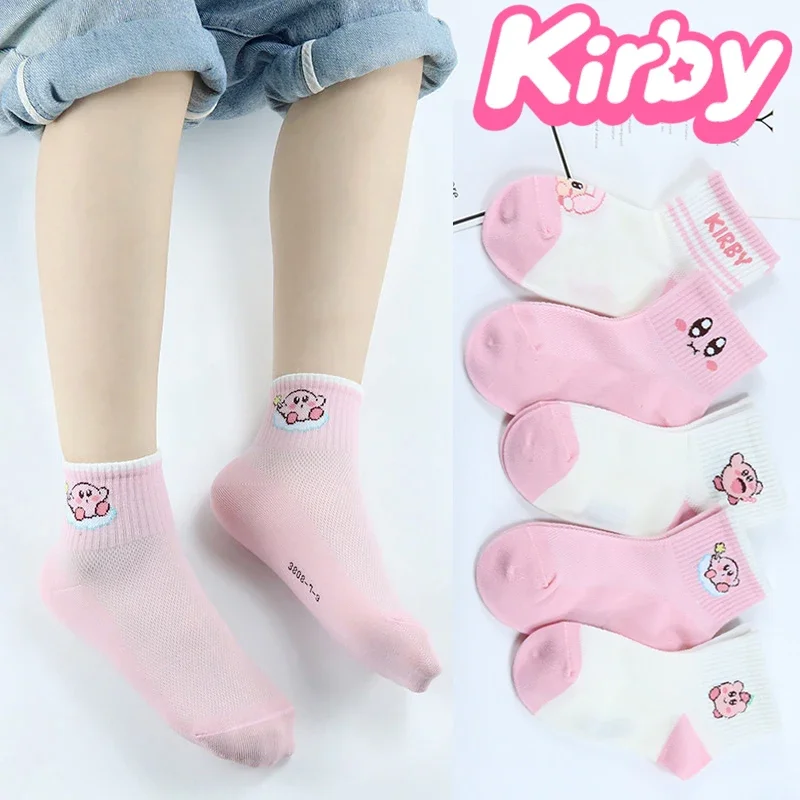 5pcs Kirby Girls Socks Cotton Mesh Kids Breathable Kawaii Cartoon Toddler Elastic Sports Socks Cute Children Short Socks 2-15y