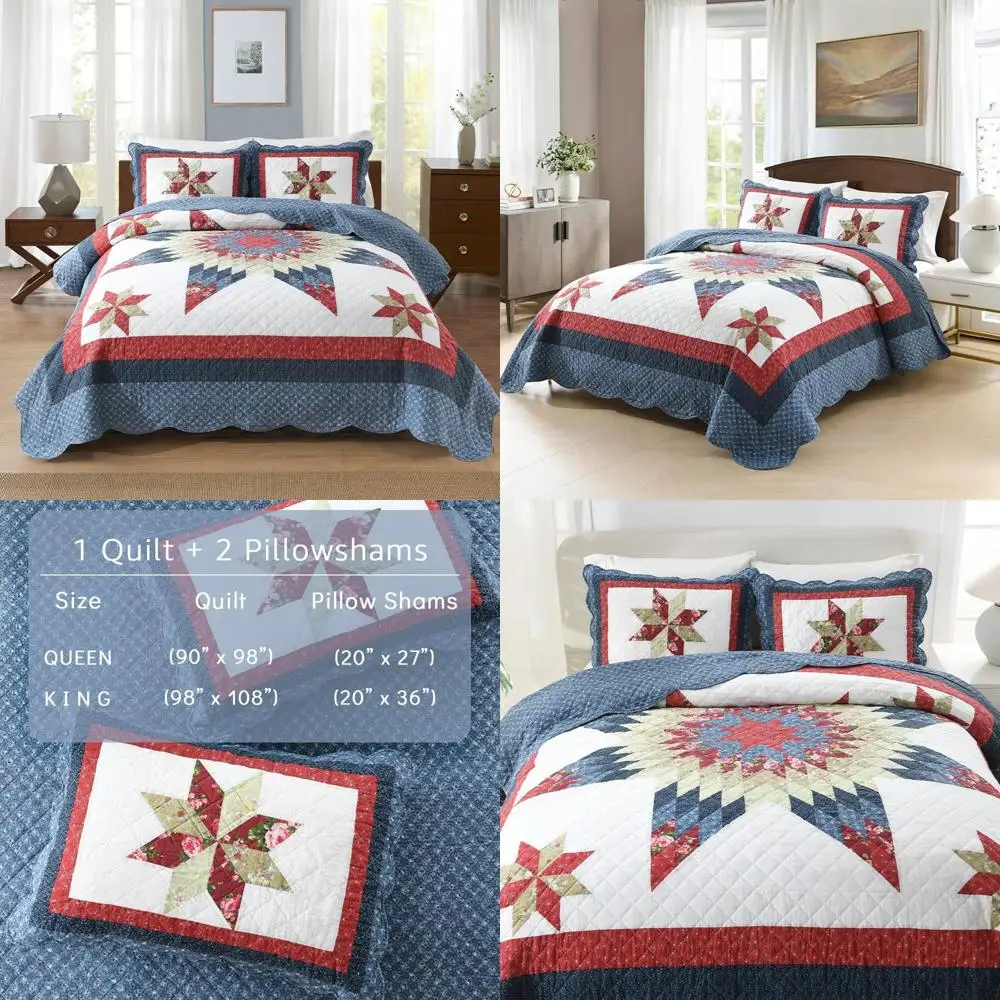 

Luxury Cotton Quilt Set with Star Patchwork, Reversible Coverlet in Red and Blue, Handmade 3-Piece Bedding for Queen Size