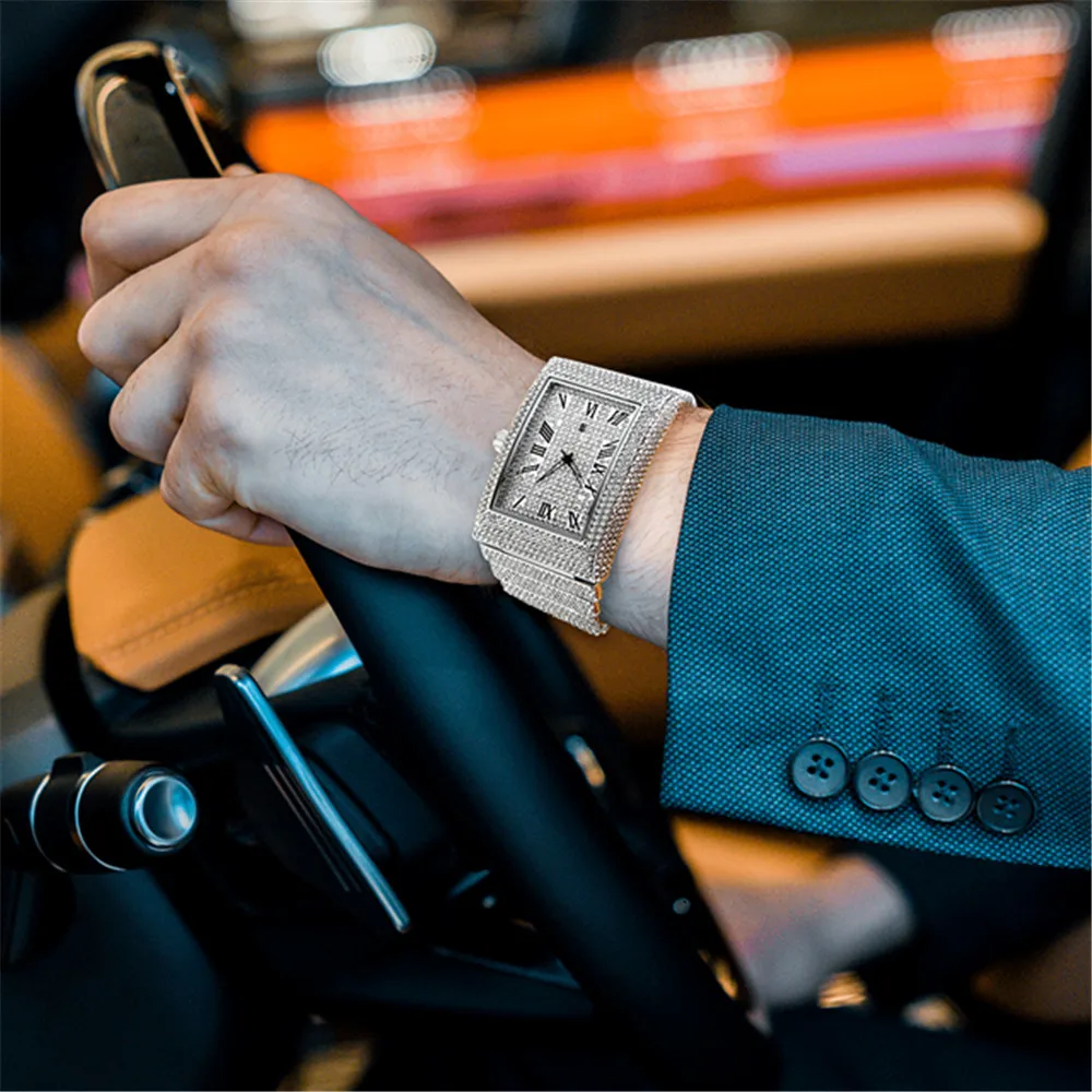 Famous Original Brand Designer Watches For Men Hip Hop Diamond Golden Rectangular Date Quartz Watch Montres De Marque De Luxe