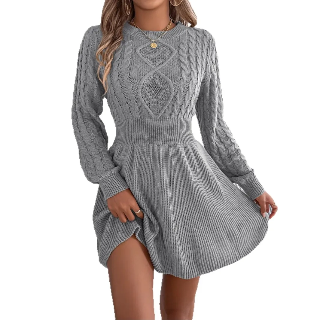 2025 Women Dress Elegant Fashion Beautiful Women's Dresses Party Solid Color Twisted Waist Lantern Sleeve Long Sleeve Wool Dress