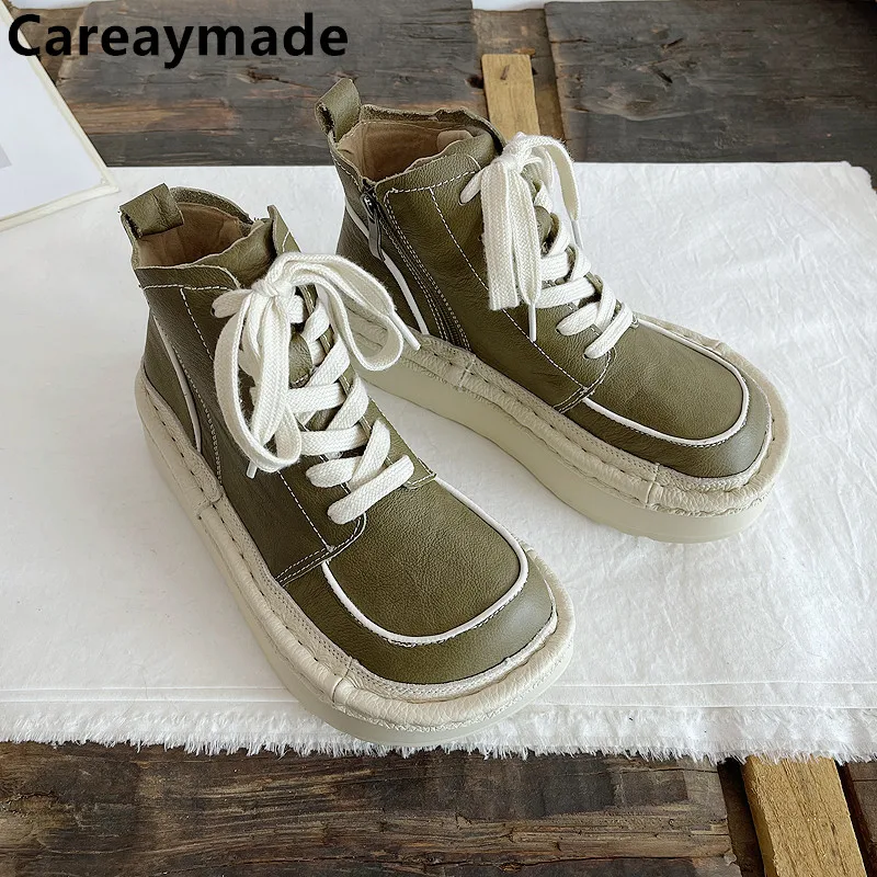 

Careaymade-Genuine leather Casual Boots Original Handmade Literature Art Women's Shoes Thick soled muffin soles women short boot