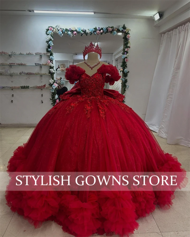 Nowa Czerwona Sukienka Quinceanera z Odkrytymi Ramionami, Suknia Balowa, Koraliki, Falbany, Warstwowe Kwiaty, Sukienka Urodzinowa, Vestidos De 15 Años, Szyta na Miarę