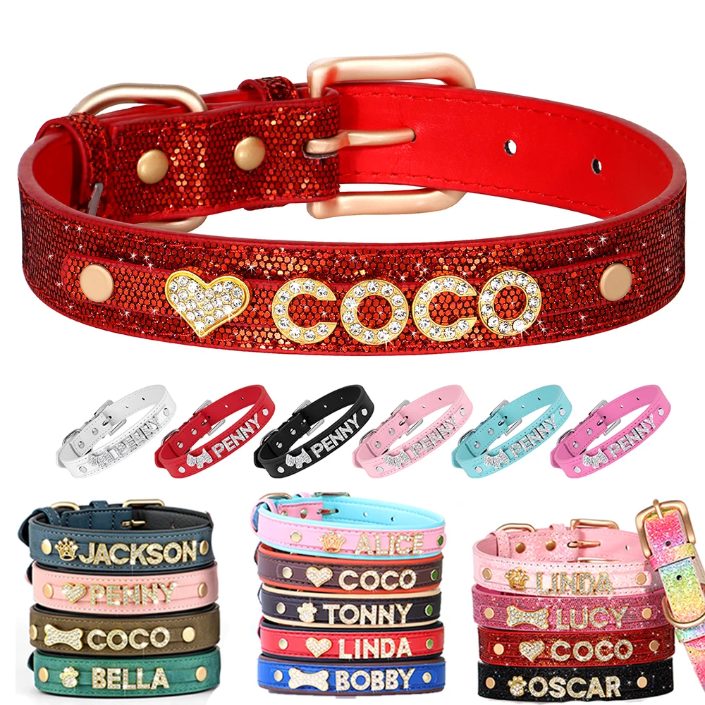 

Personalized Puppy Dog Collar Bling Rhinestone Dogs Name Collars Chihuahua Pug Cat Collars Name Letter Charm Pet Accessories