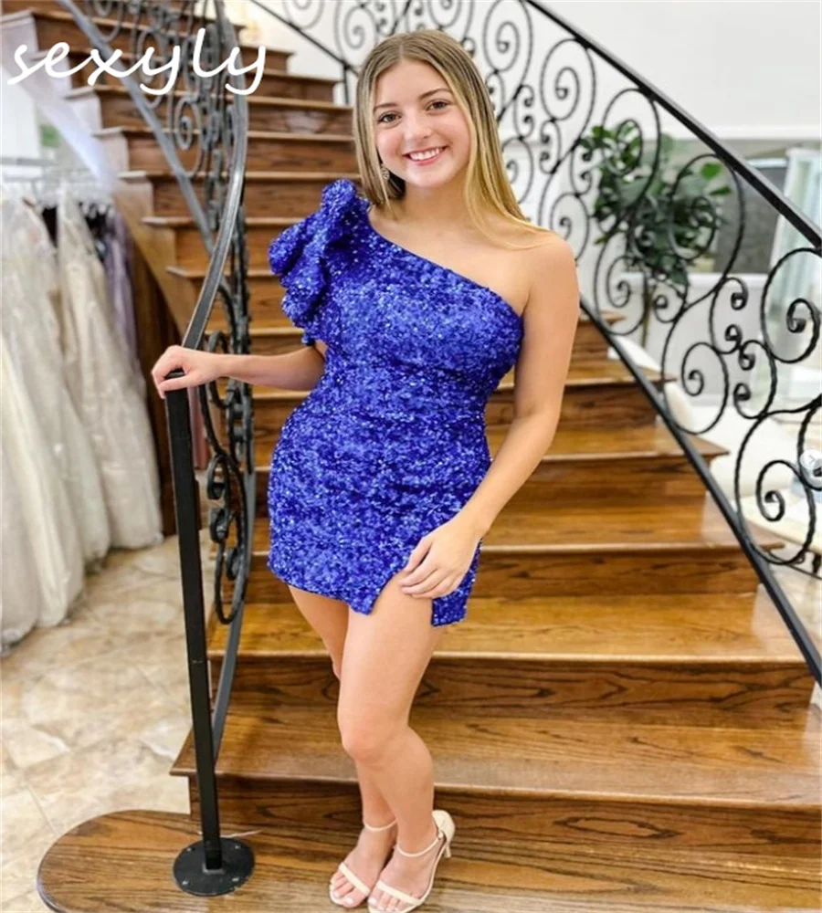 Sexy Blue Short Prom Dresses One Shoulder Mini glitter Sequined Cocktail Dress Short Sleeve Formal Homecoming Party Graduation