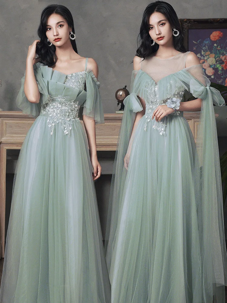 

Elegant Green Bridesmaid Dress 2023 New Women's Slim Fit Off Shoulder A-Line Floor Length Classical Tulle Wedding Party Vestido