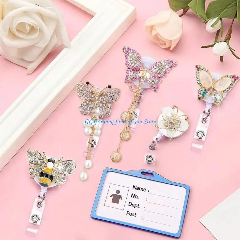 H9EB Stretchable Butterfly Rhinestones Badge Clip 60cm ABS Security Holder for Workplaces Cards and Access Passes