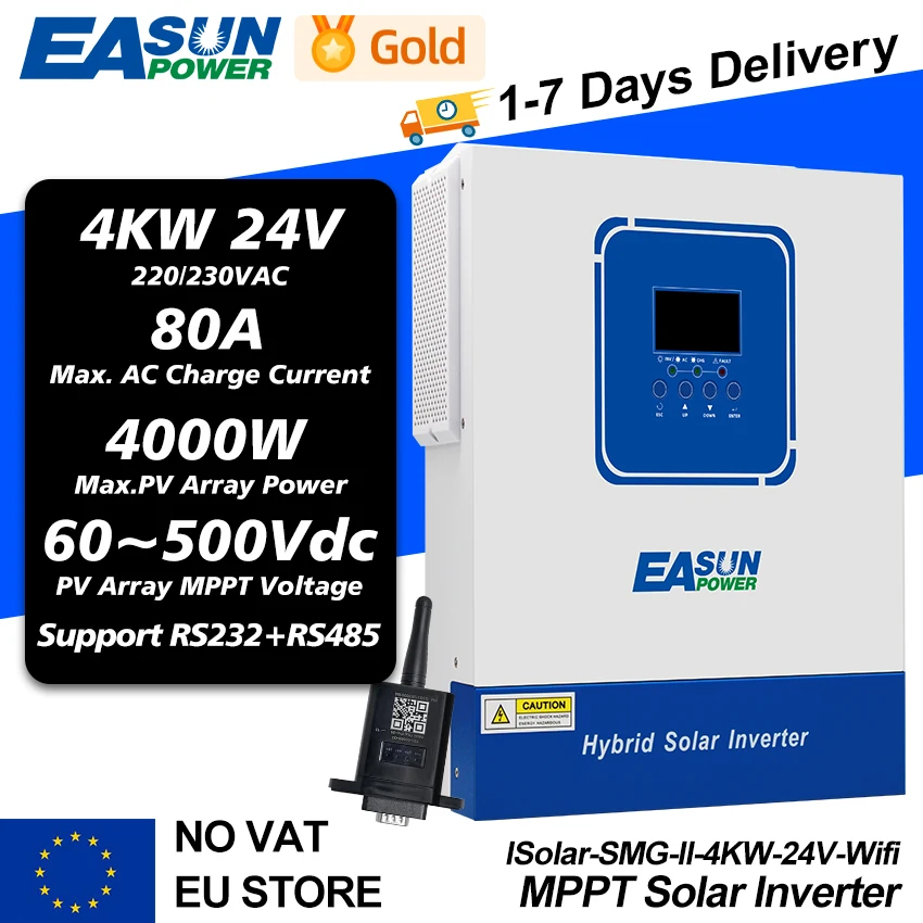 EASUN 6.2KW 48V MPPT Solar Hybrid Inverter 4KW 3.2KW 24V Off Grid 2KW Max 500VDC Pure Sine Wave Charger with Wifi RS485 RS232