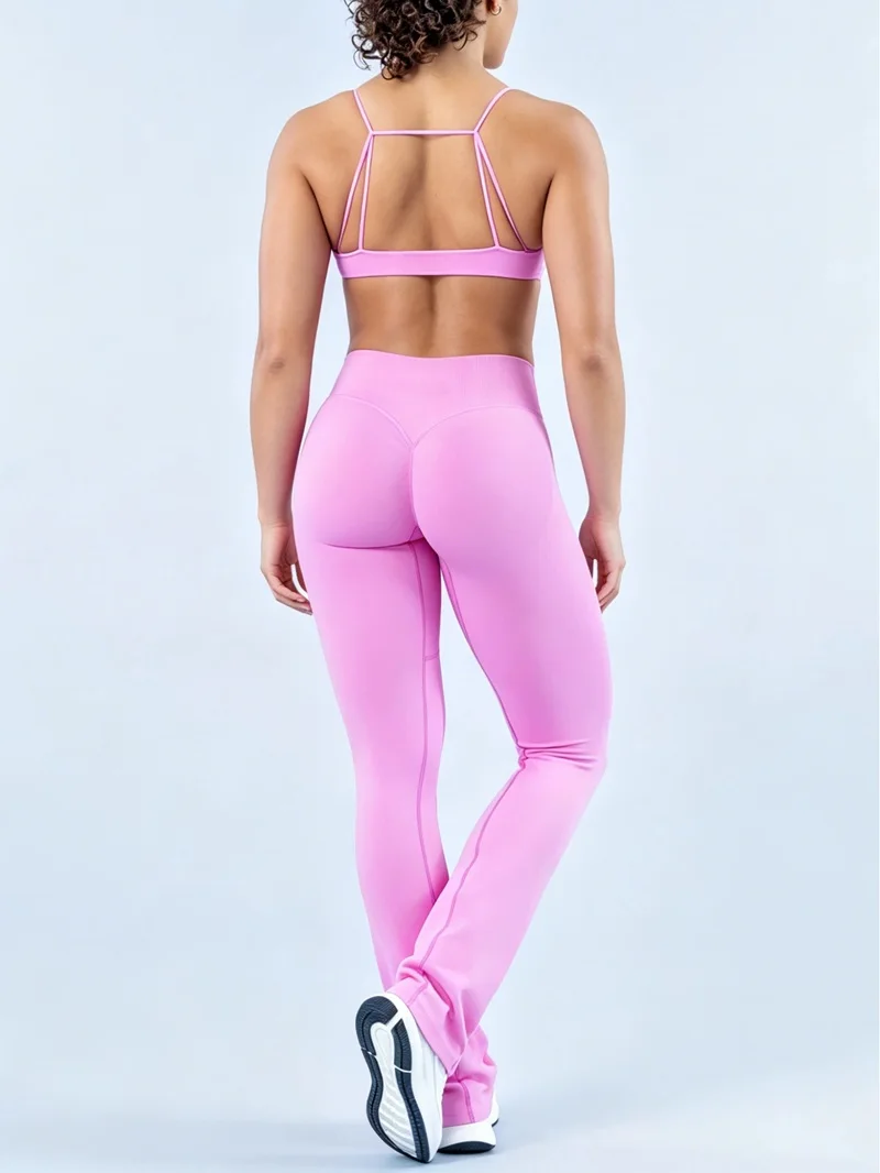 2-teiliges Damen-Workout-Set: High-Waist Cross Flare Leggings und Neckholder-Sport-BH – Schnelltrocknendes, figurformendes Gym-Trainings-Outfit – Detail 5