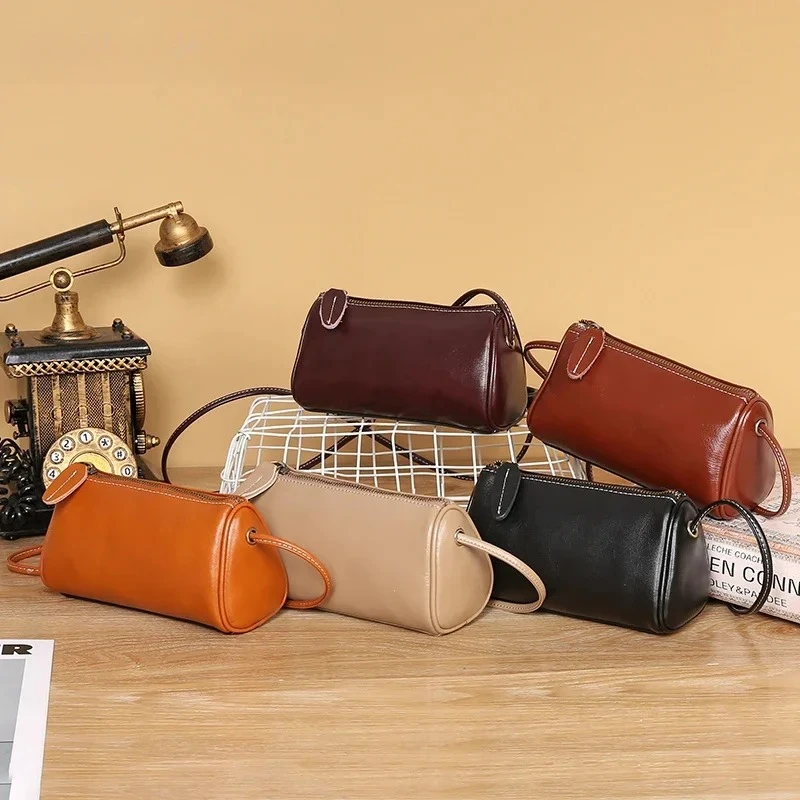 Women's Cowhide Genuine Leather Popular Cylinder Bags Female Retro Trendy Messenger Bag Ladies Designer Shoulder Handbag Ladies