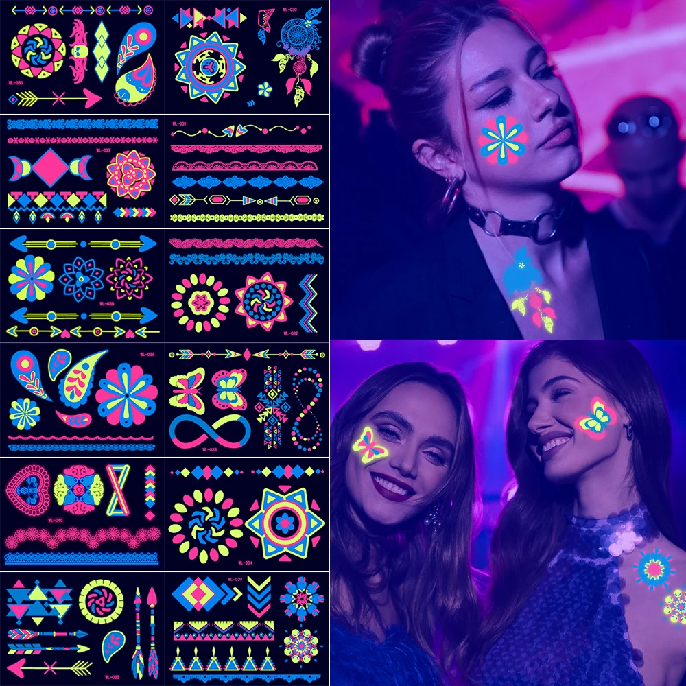 12/24 stücke Leuchtende Temporäre Tattoos Aufkleber UV Neon Fluoreszierende Glow in the Dark Für Körper Gesicht Tattoo Aufkleber Party zubehör – Detail 1