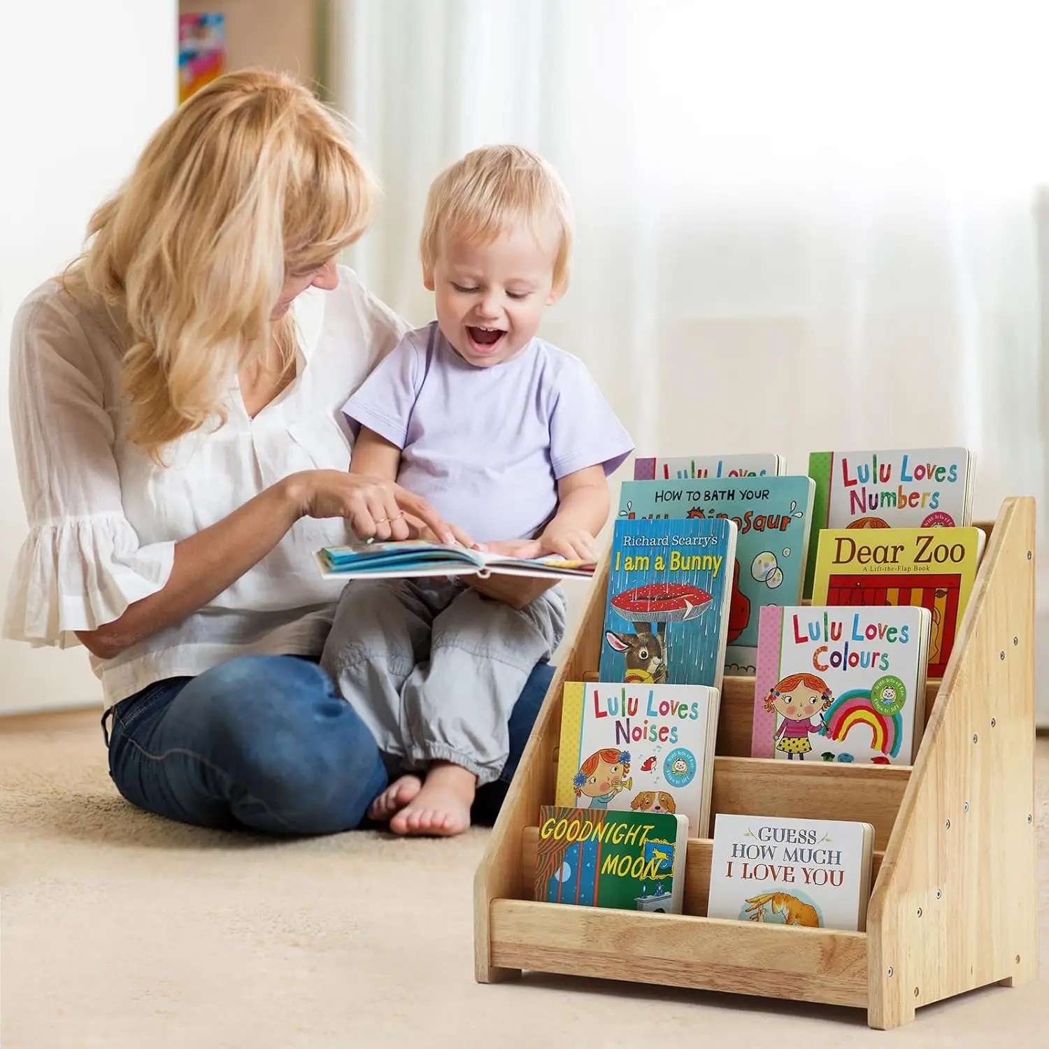 Bookshelf for Toddler 1-5 Years, Kids Wooden 5-Tier Front Facing Book Display Shelf with Chalkboard for Bedroom,Playroom,Classro