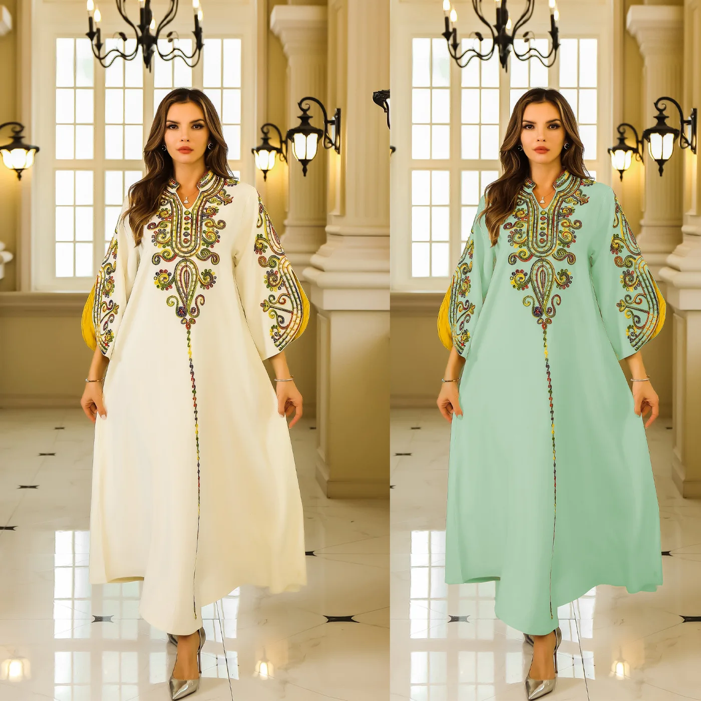 

Middle East Ramadan Islamic Muslim Robe Women's Clothing Arab Dubai Abaya Rope Embroidered Robe Women's Dress Wholesale