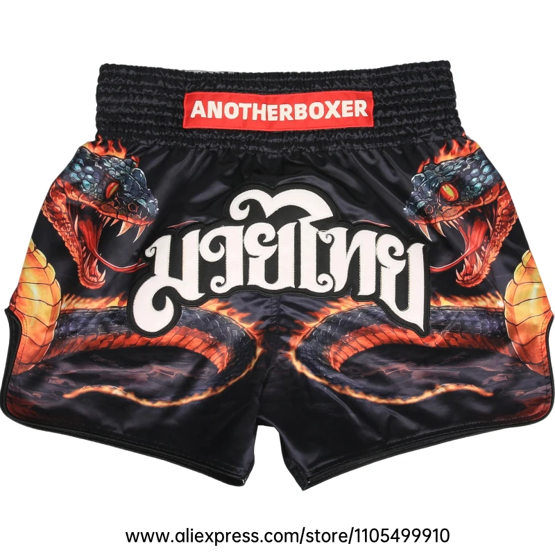 Muay Thai Shorts für Herren, Damen und Jugendliche, Satin-Boxershorts mit Feuerschlangen-Print, Thai-Schriftzug-Stickerei, Elastischer Bund, Kickbox-Hosen